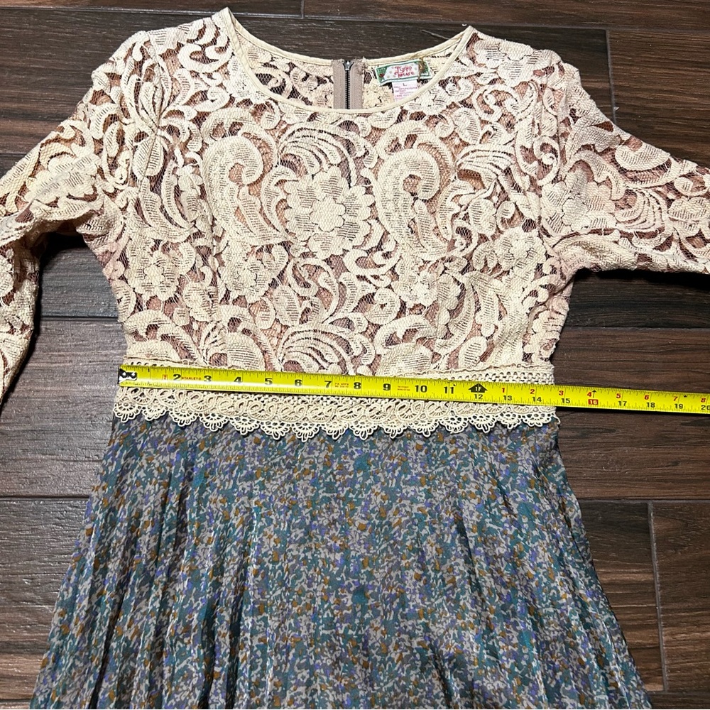 Flying Tomato Women’s Lace Dress 3/4 Sleeve Large Tan Cream Teal - Picture 7 of 10